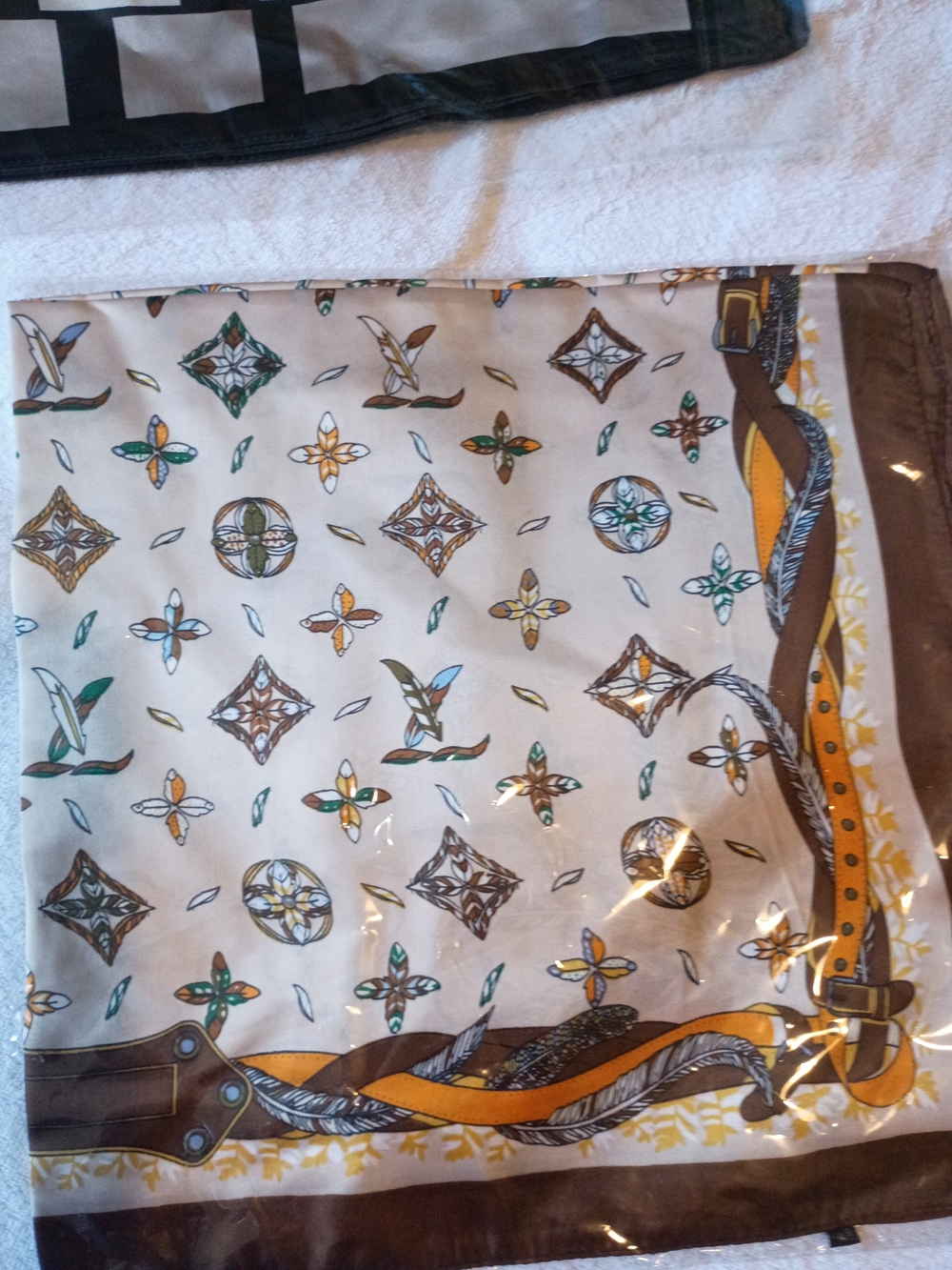 Silk-Feel Printed Square Scarf in Cream, Brown & Mustard